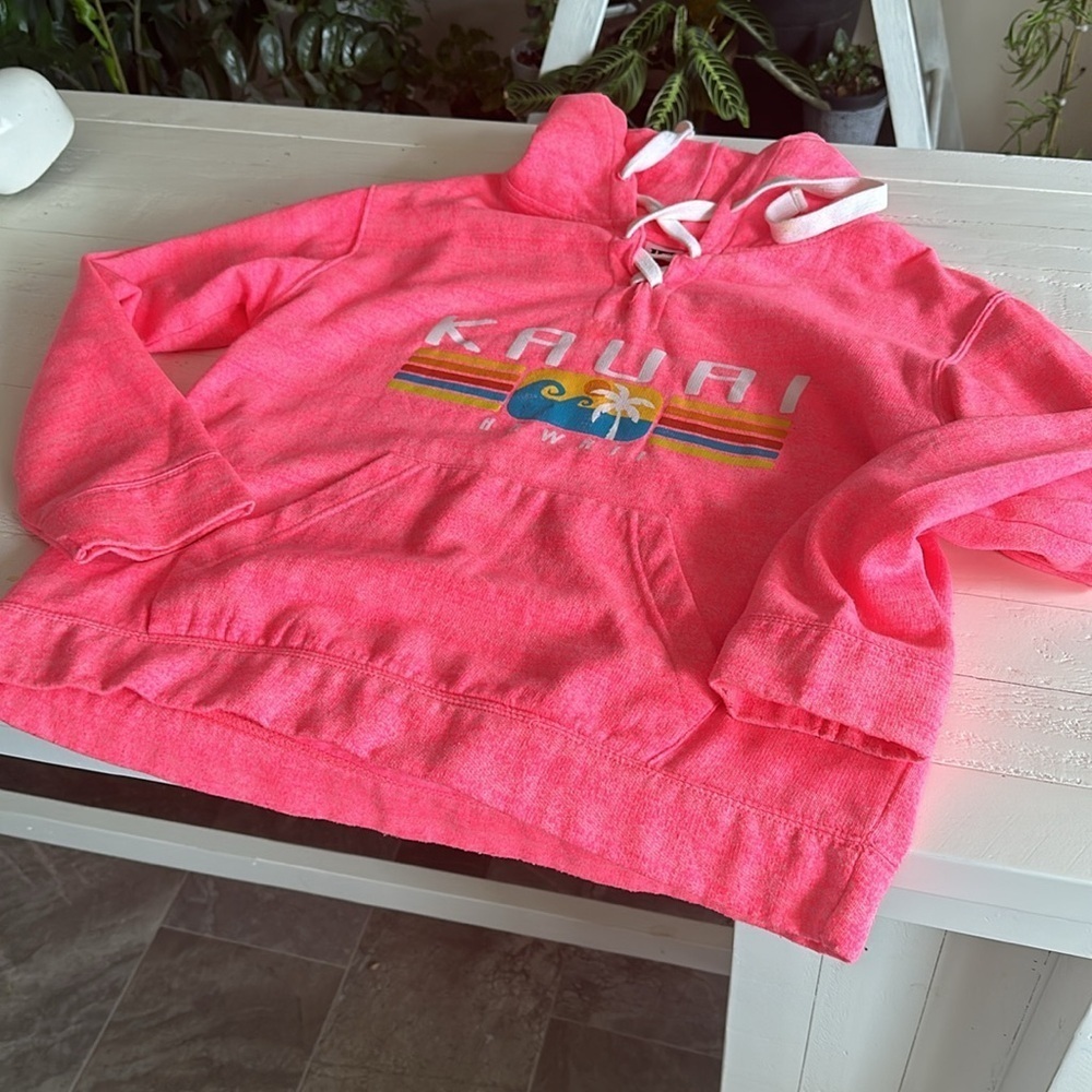 Vintage 80s long rock Neon pink Kauai hoodie with flat cross cross drawstring XL